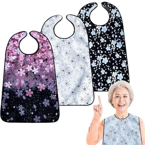 VOPHIA 3-Pack Washable Adult Bibs with Crumb Catcher – Reusable Waterproof Clothing Protectors, Cherry Blossom