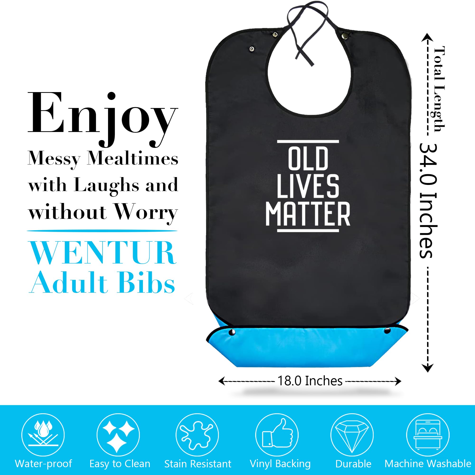 Wentur Washable Adult Bibs with Crumb Catcher – Adjustable Dining Protectors for Seniors, Funny Gag Gift