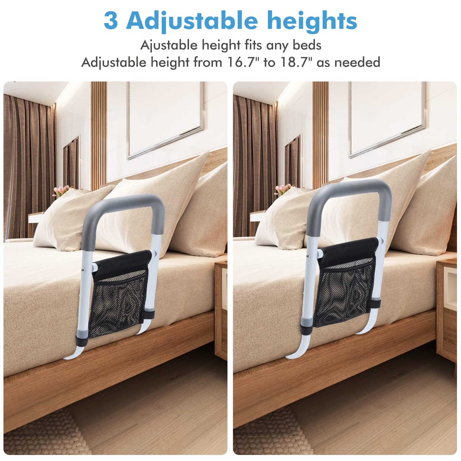 WeHwupe Adjustable Bed Rails for Seniors – White Safety Assist Rail with Storage