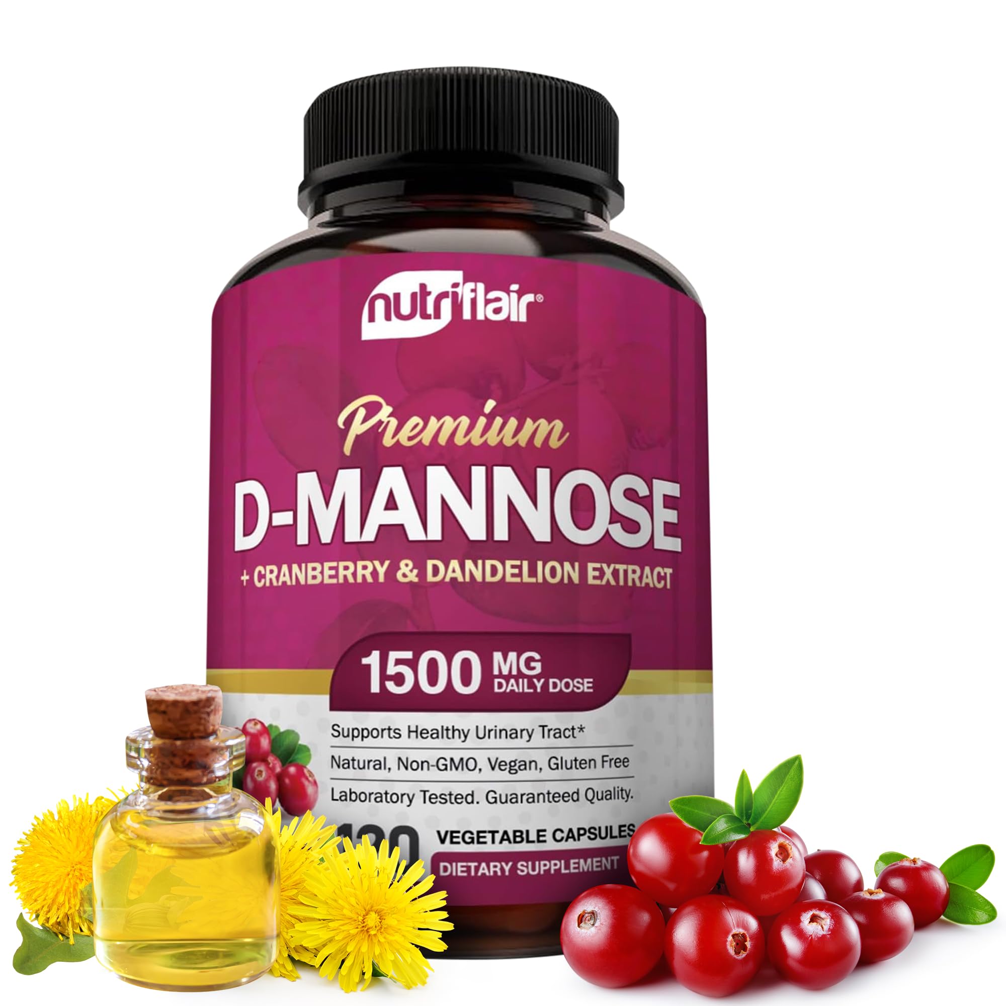 NutriFlair D-Mannose 1200mg UTI Support with Cranberry & Dandelion Extract