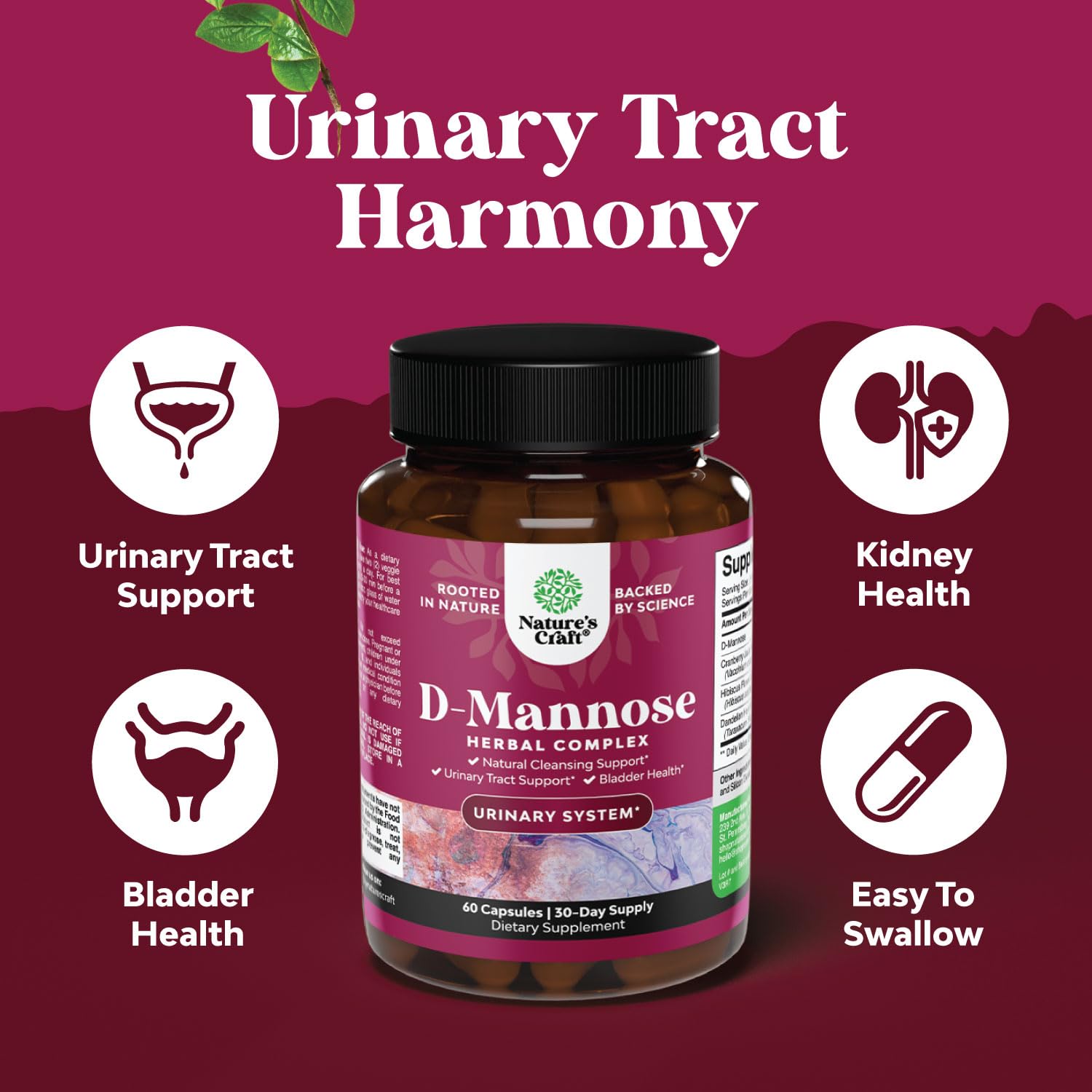 D-Mannose with Cranberry Kidney & UT Health Capsules, 1000mg